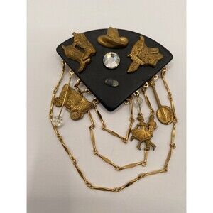 Vintage Brooch Western Black Bronze Boots Hat Stagecoach Square Dance Banjo 2.5”